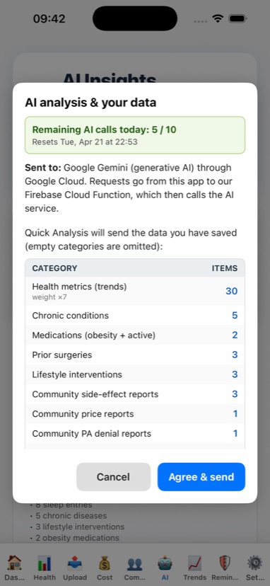 AI analysis and your data dialog with category-by-category breakdown and daily quota