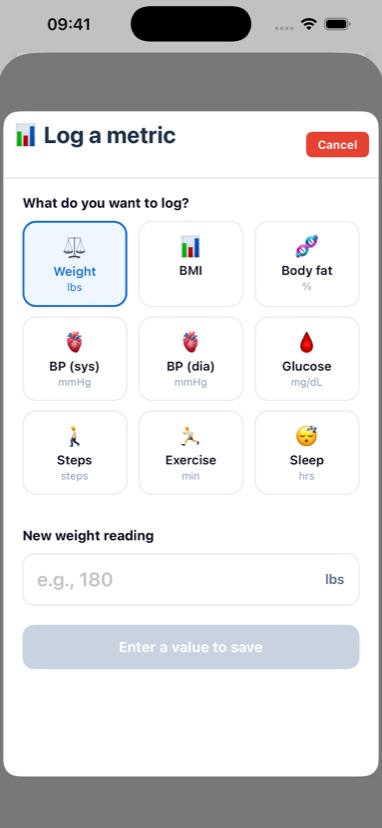 Log-a-metric sheet with 9 tile options: Weight, BMI, Body fat, BP sys, BP dia, Glucose, Steps, Exercise, Sleep