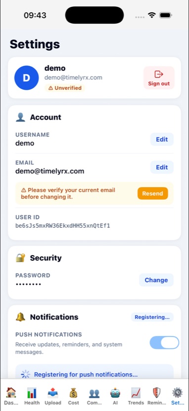 Settings screen showing account info, security section, and notifications controls
